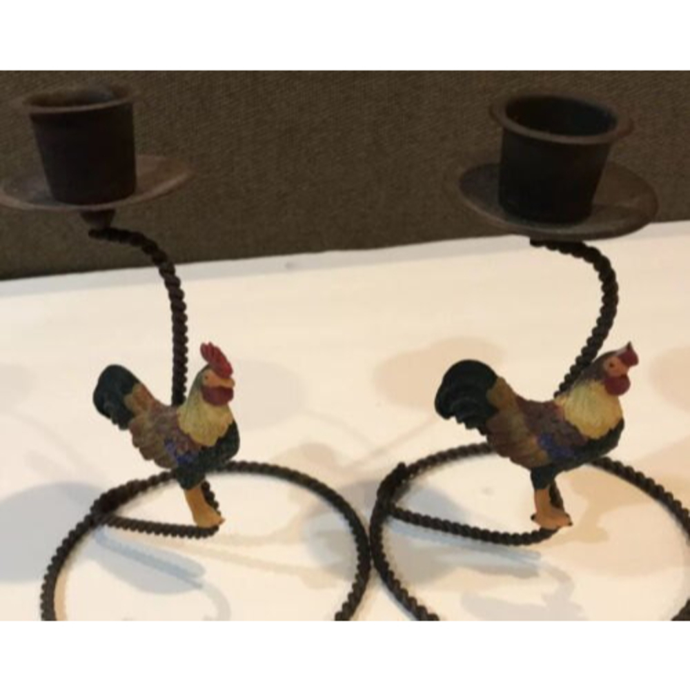 Pair of Rooster Braided WireTaper Candle Holders- Farmhouse Decor